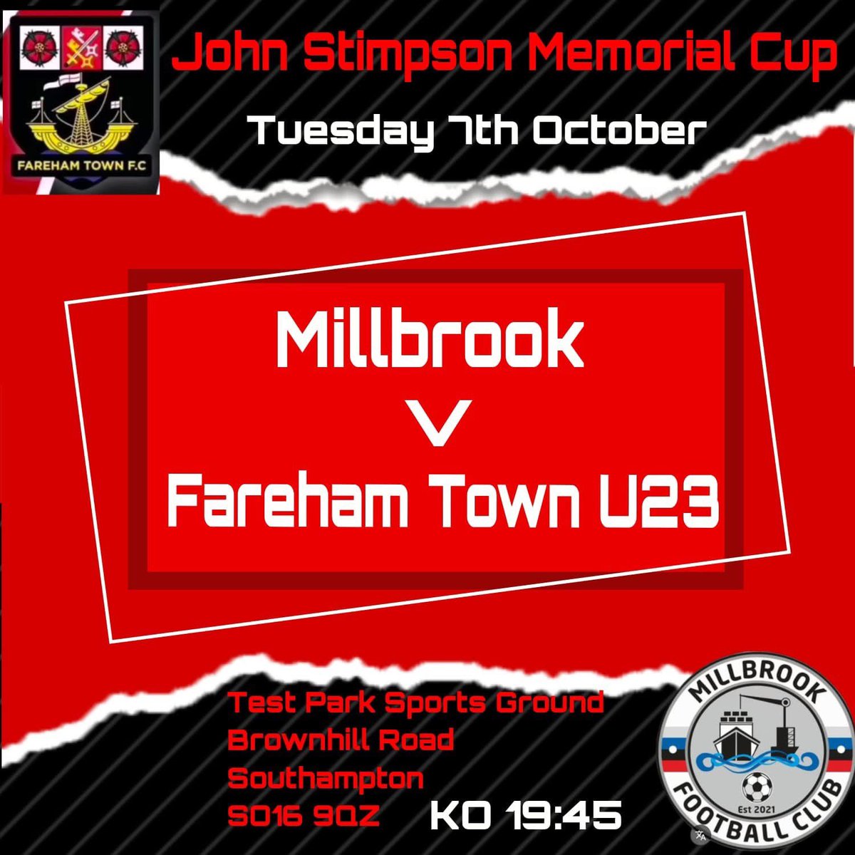 FarehamTownU23s's tweet photo. MATCH DAY!

Fareham Town U23s vs @Millbrook_FC U23s

🗓️Tuesday 7 October 2025.
⏰7:45pm kickoff. 
📍Test Park Sports Ground, SO16 9DZ

We look forward to seeing support there!

#Creeksiders https://t.co/Gx9OSKuY9E