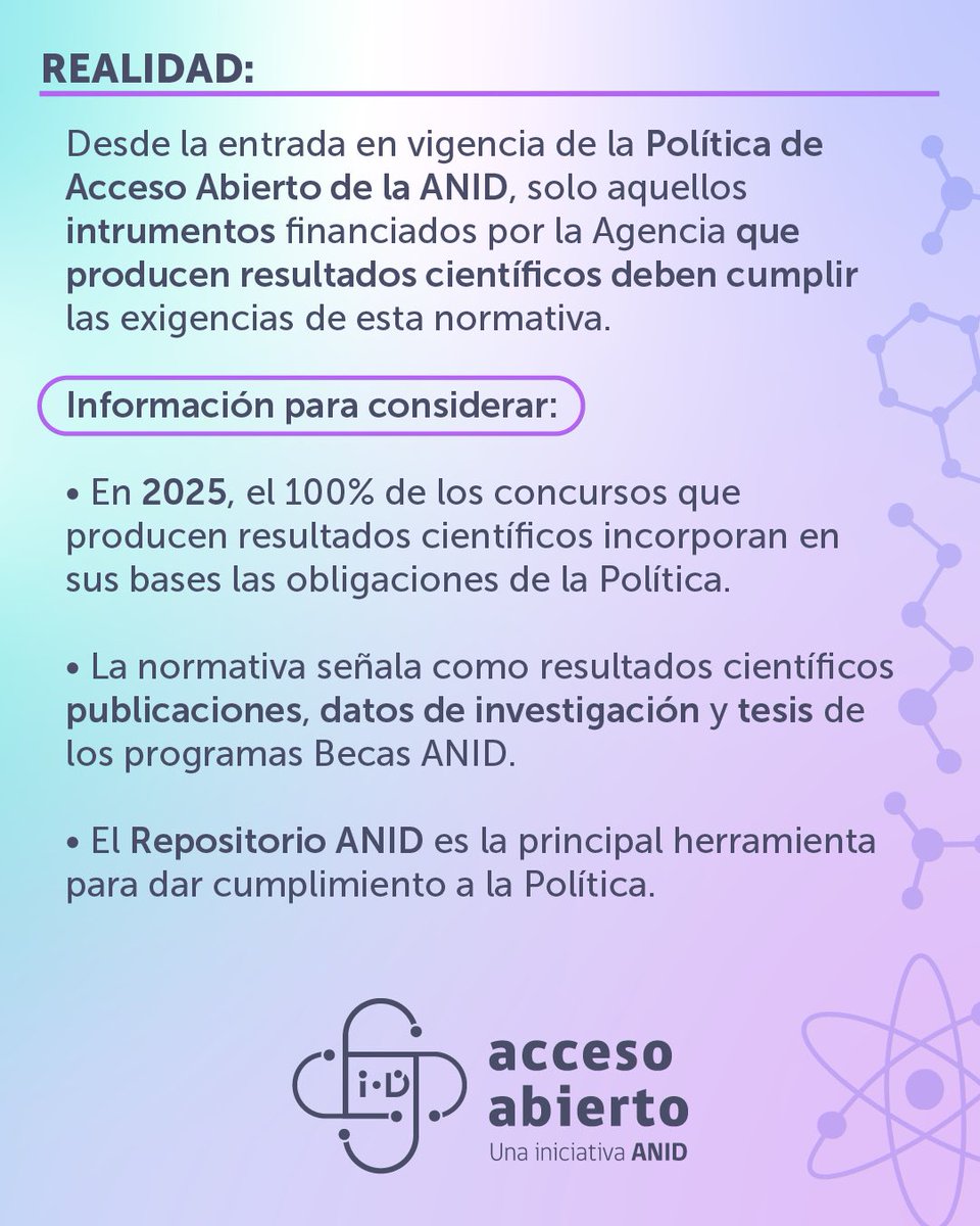 ◉ Para saber cuáles son los instrumentos financiados por @anid_chile que incorporan las obligaciones de la #PolíticaAccesoAbiertoANID te invitamos a revisar la tabla disponible en 🔗 accesoabierto.anid.cl/instrumentosan…

#OpenScience #OpenAccess