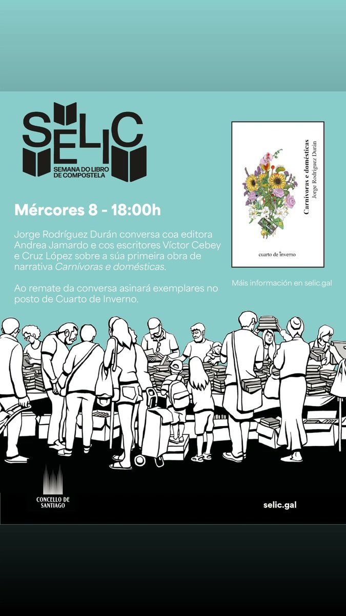 Este mércores,  ás 18:00h, na Semana do Libro de Compostela, presentamos #CarnívoraseDomésticas na Quintana.
<a href="/SELIC_Festival/">SELIC 📖</a>