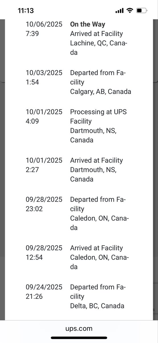 Hey <a href="/UPS/">UPS</a> help me make sense of your delivery skills.
A package was sent from Delta BC to me inHalifax NS made it to Dartmouth NS , mere kilometres away,then sent back across the country to Alberta now sitting in Quebec. Friday your phone rep told me delivery would be today...