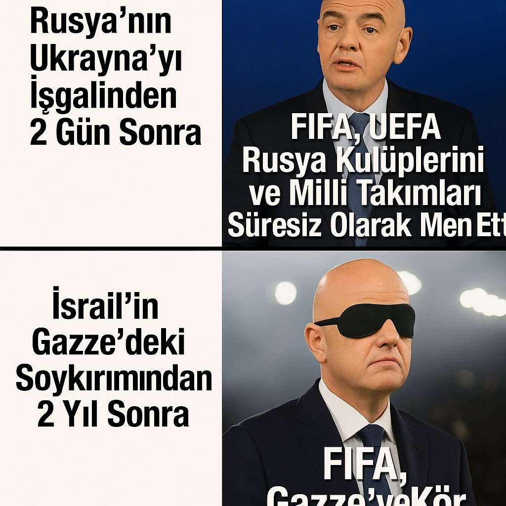 📌İKİ YÜZLÜ FIFA 

“Bunu hiç unutma evlat!
Batı hiçbir zaman uygar olmamıştır; bugünkü refahı, sömürgeciliğin, döktüğü kanın, akıttığı gözyaşının ve çektirdiği acıların üzerine kuruludur.”
— Aliya İzzetbegoviç

📌Ve işte bir kez daha gördük!
FIFA’dan Rusya’ya farklı, çocuk katili