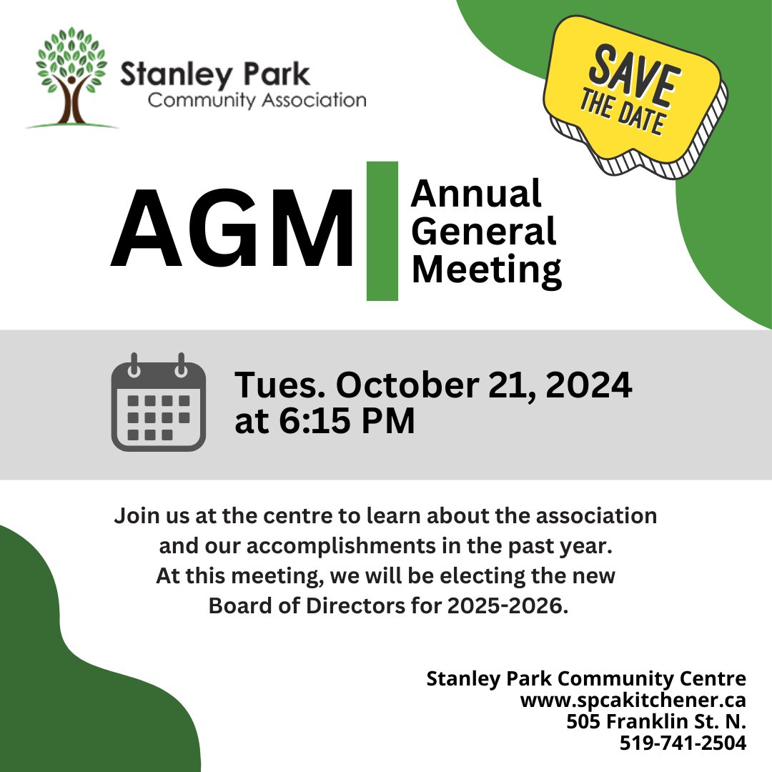 📅 2 weeks from tonight is our Annual General Meeting (Tues Oct 21st: 6:15 pm - 7:00 pm). This is open to the public and all are welcome; please come out to find out what's happening with The Stanley Park Community Association. ow.ly/lRgs50X0rnb