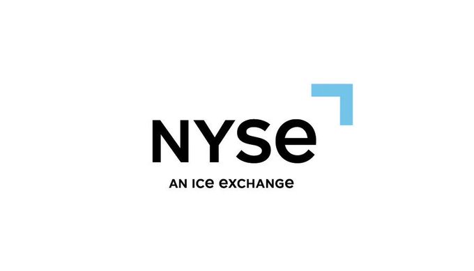 First image displays the NYSE logo in blue and black text with An Ice Exchange below it on a white background. Second image shows the exterior of the New York Stock Exchange building with neoclassical architecture tall columns and flags flying. A large blue banner on the building reads Polymarket with Against All Odds app text and polymarket.com/app URL. American flags are visible in the foreground with people and plants nearby.