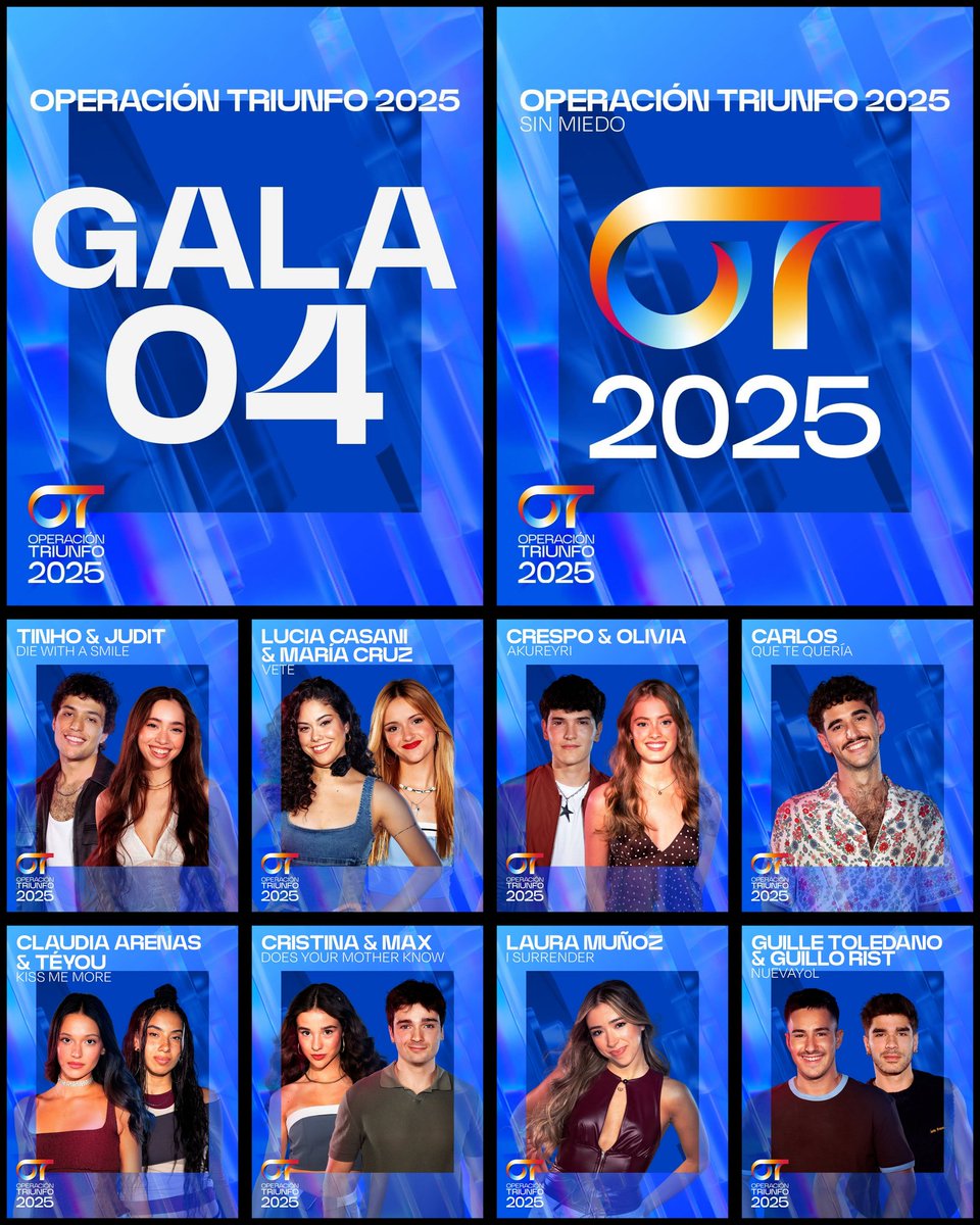 📌 REPARTO | Gala 4

GRUPAL • Sin miedo
CARLOS • Que te quería
LAURA • I surrender
CRESPO y OLIVIA • Akureyri
TINHO y JUDIT • Die with a smile
CLAUDIA y TÉYOU • Kiss me more
LUCÍA y MARÍA • Vete
GUILLE y GUILLO • Nuevayol
MAX y CRIS • Does your mother know

#OTDirecto7O