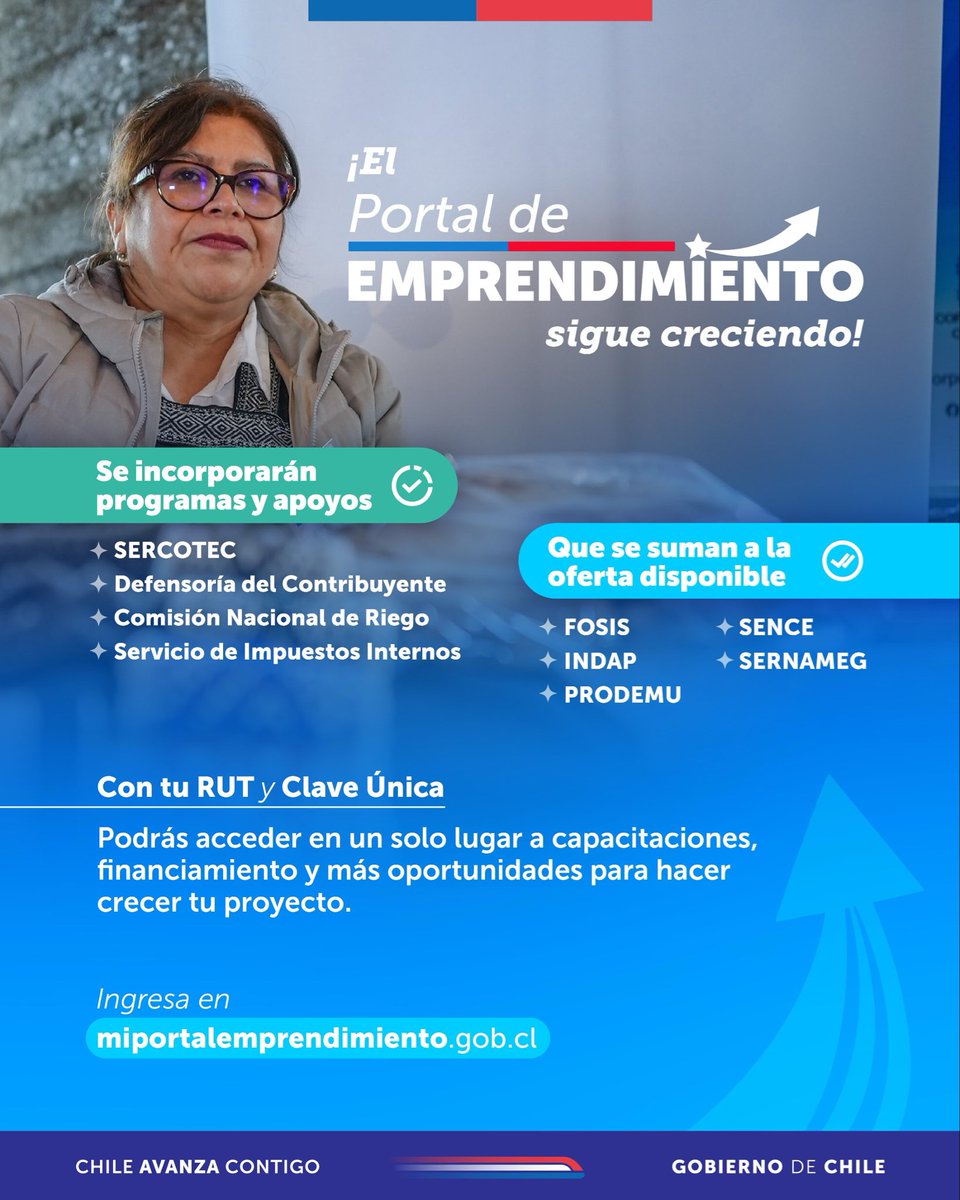 ¡Crece el Portal de Emprendimiento! ⤴️✨ 

Desde este segundo semestre se irán sumando nuevas instituciones con más oportunidades para quienes emprenden.

En miportalemprendimiento.gob.cl podrás postular a más programas para tu proyecto. ¡Revisa los apoyos disponibles! 📲✅
