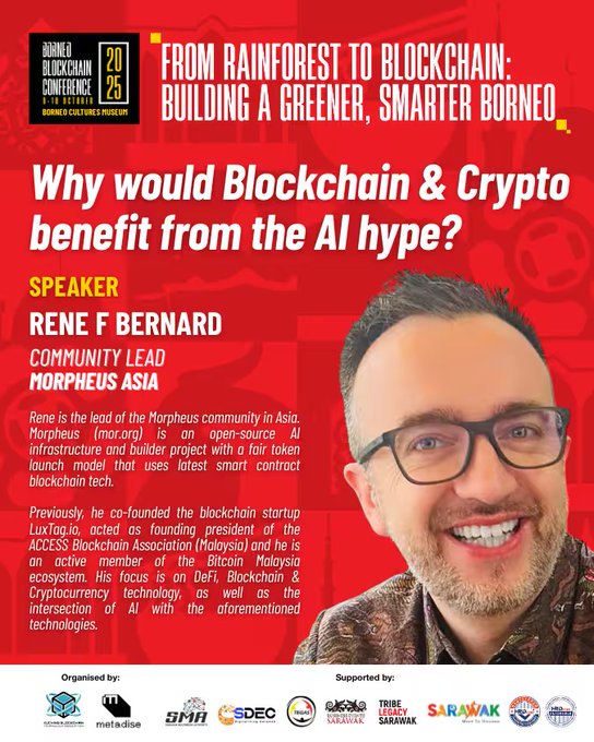 Poster showing the talk invitation to Rene's presentation at the Borneo Blockchain Conference 2025 (BBC2025) on the topic of Blockchain&Crypto&AI=DeAI.