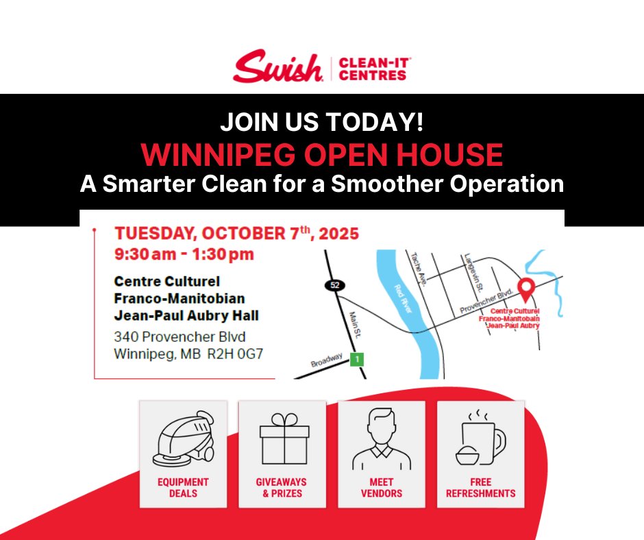 Swish_ca's tweet image. Join us TODAY for the Winnipeg Open House, 9:30 AM - 1:30 PM! Free food, demos, and discounts await! #WinnipegOpenHouse #CleaningSolutions #IndustryInnovation #Networking #Efficiency #CostSavings #CleaningTechnology #ProfessionalCleaning #Event #Manitoba #HappeningNow