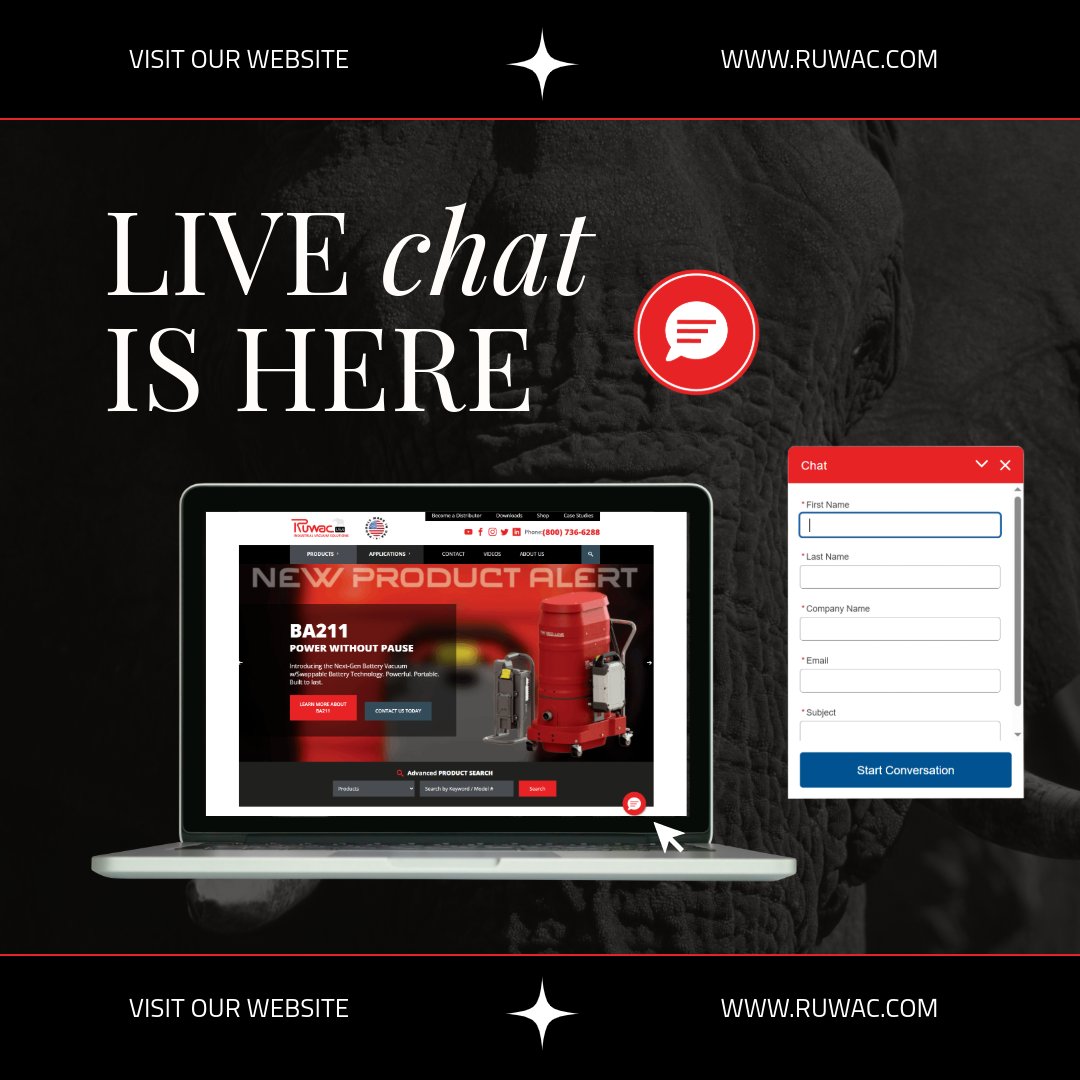 You can now connect with our team in real time using Live Chat on ruwac.com during normal business hours. Whether you need help selecting the right industrial vacuum, have technical questions, or want quick support, our team is just a message away. #RuwacUSA