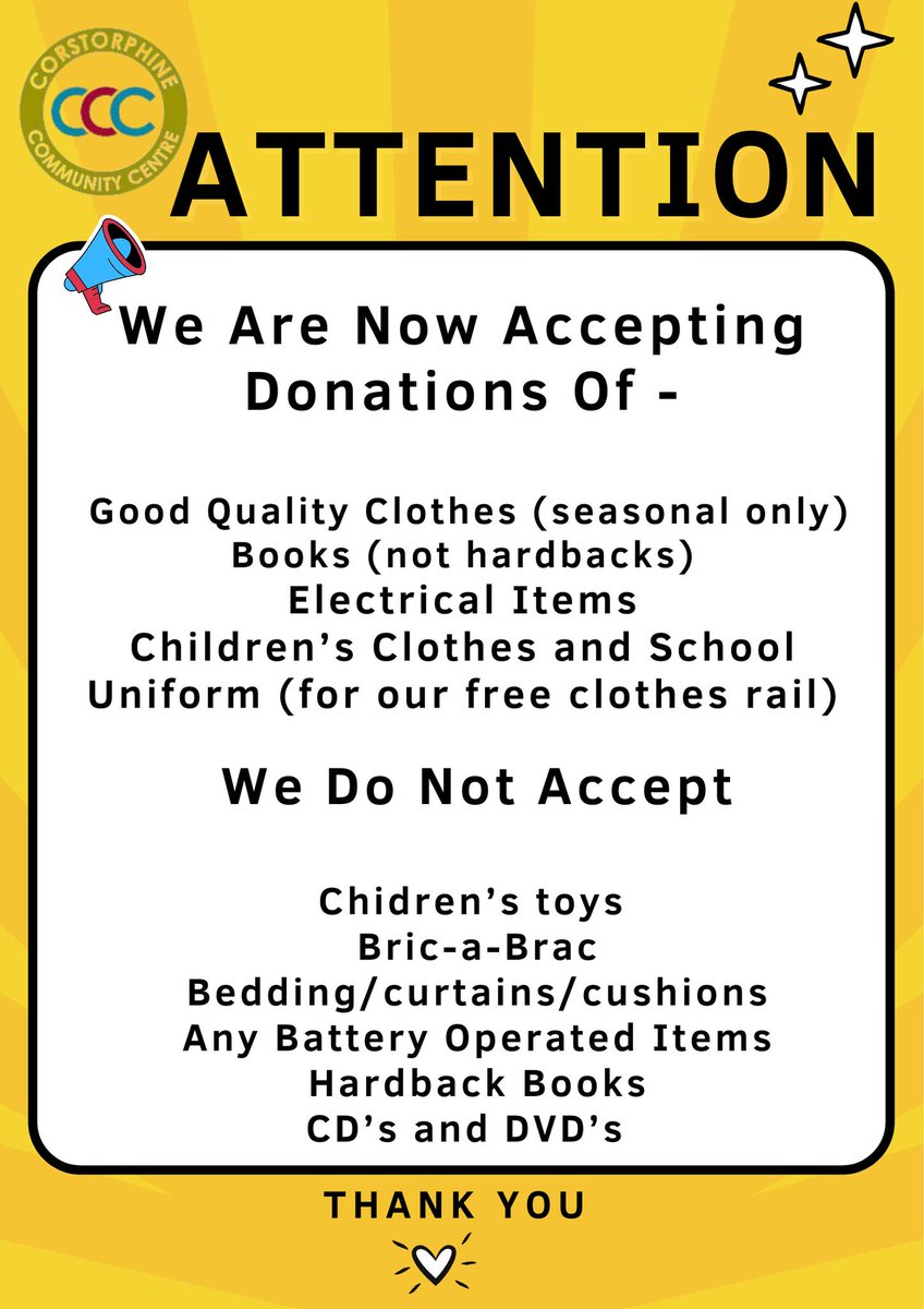 Just an update on the kind of donations we would welcome at present in CCC's charity shop, 5 Kirk Loan, Corstorphine: good quality seasonal clothes, paperback books, electrical items, school clothes.