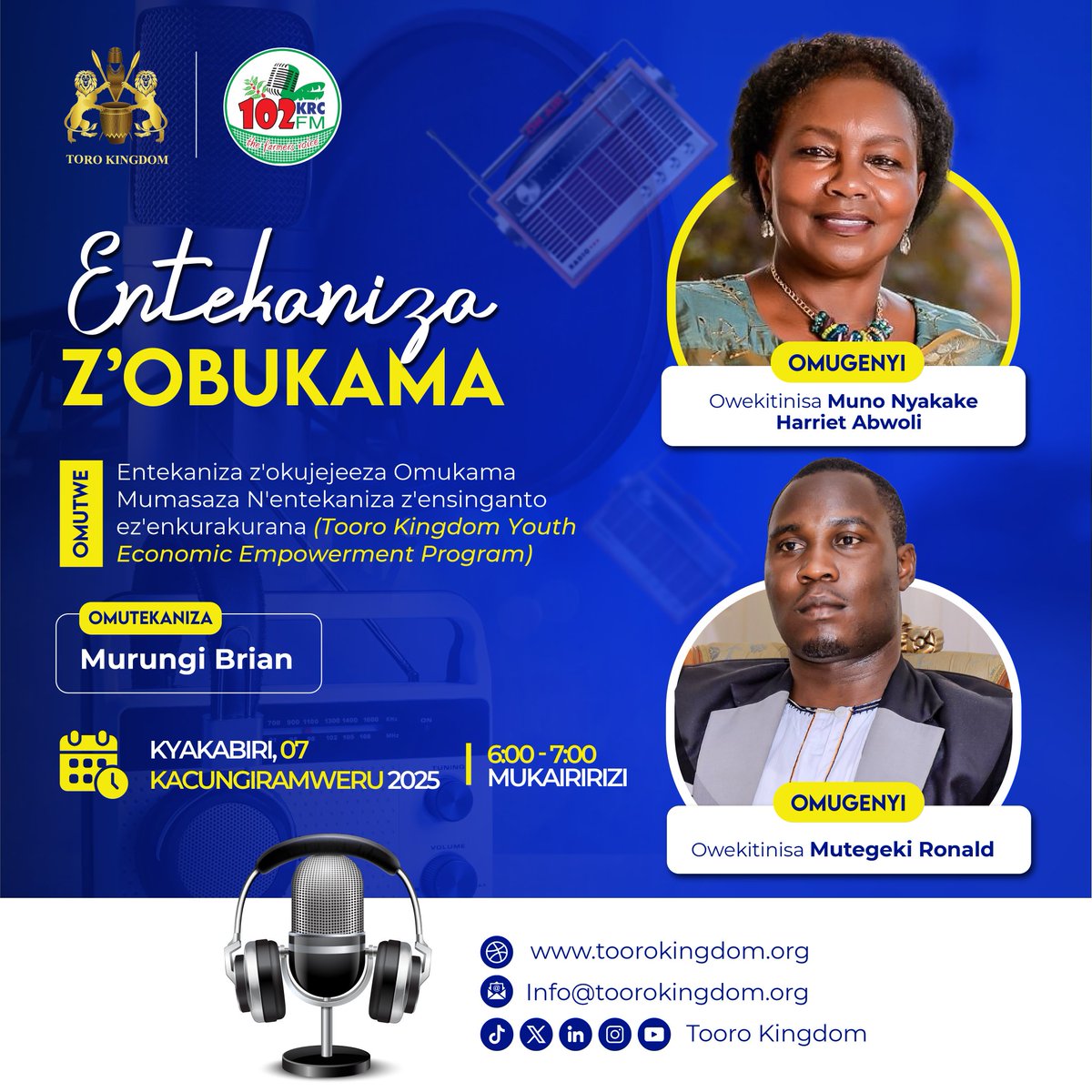 𝐄𝐤𝐢𝐫𝐨𝐡𝐨 𝐒𝐚𝐚𝐡𝐚 𝐙𝐢𝐧𝐮.
Owekitinisa Muno Nyakake Harriet Abwoli hamu n'Owekitinisa Mutegeki Ronald Araali Bali hambeho za KRC Radio, 102.
Leka tuhunde amatu tuhulirize entanda kurunga Mucwa.
𝐊𝐰𝐢𝐣𝐮𝐤𝐲𝐚
Kiro kyakana nitwija kuba ha <a href="/fortportaltv/">FORTV</a> 08:45 -10:00
