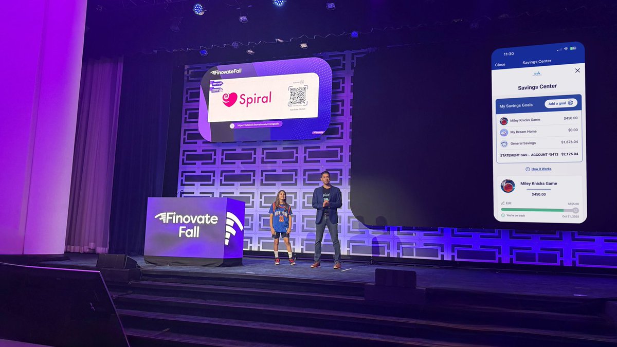 Still buzzing from FinovateFall 2025!

Our CEO, Shawn Melamed, and his daughter, Miley, showed how easy saving and giving can be — and how Spiral helps banks and credit unions grow and retain deposits through personalized, embedded experiences.

🎥 hubs.la/Q03MxtQL0