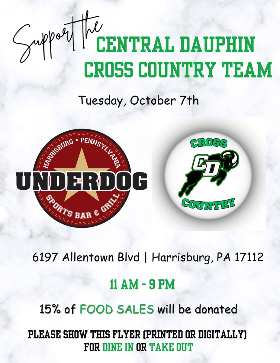 loser_andy's tweet photo. Support the Central Dauphin Cross Country team!  Eat out at Underdogs today and show them this flyer!!  GO RAMS!! https://t.co/7JXJjhpKfp