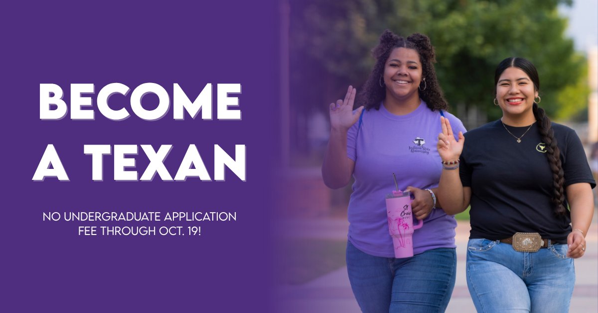 TarletonState's tweet image. There’s never been a better time to become a Texan! Tarleton State is waiving all undergraduate application fees now through Oct. 19.
 
Start your journey today: bit.ly/46x4u9R

#TarletonState #BleedPurple #TarletonBound