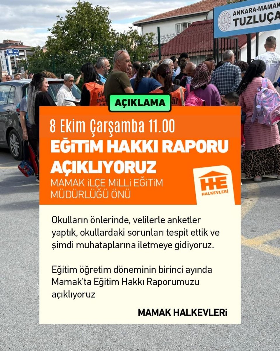 📍MAMAK

Eğitim öğretim döneminin birinci ayında Mamak Eğitim Hakkı Raporu'nu açıklıyoruz.

Okulların önlerinde, veliler ile anketler yaptık, sorunları tespit ettik ve şimdi muhataplarına iletmeye gidiyoruz. 

📅 8 Ekim Çarşamba 
⏰ 11.00
📌 Mamak İlçe Milli Eğitim Müdürlüğü