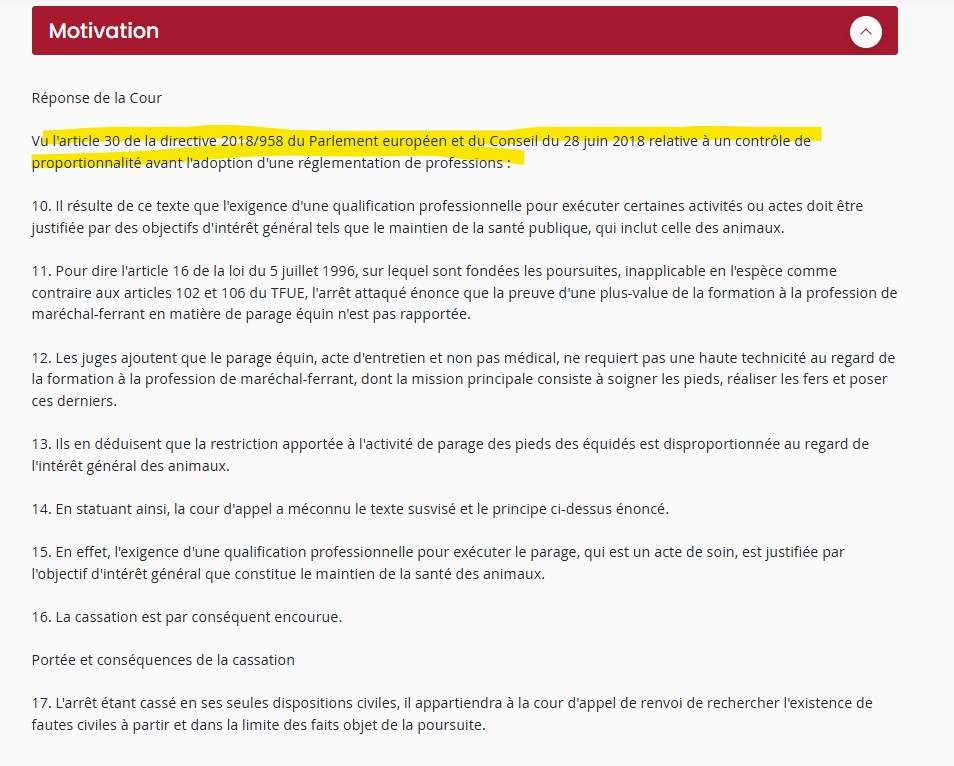Première application (qui en annonce d'autres, notamment chez les avocats) de la directive 2018/958 dit proportionnalité des règles professionnelles par la Cour de cassation, en l'occurence la chambre criminelle : courdecassation.fr/decision/68e4a…