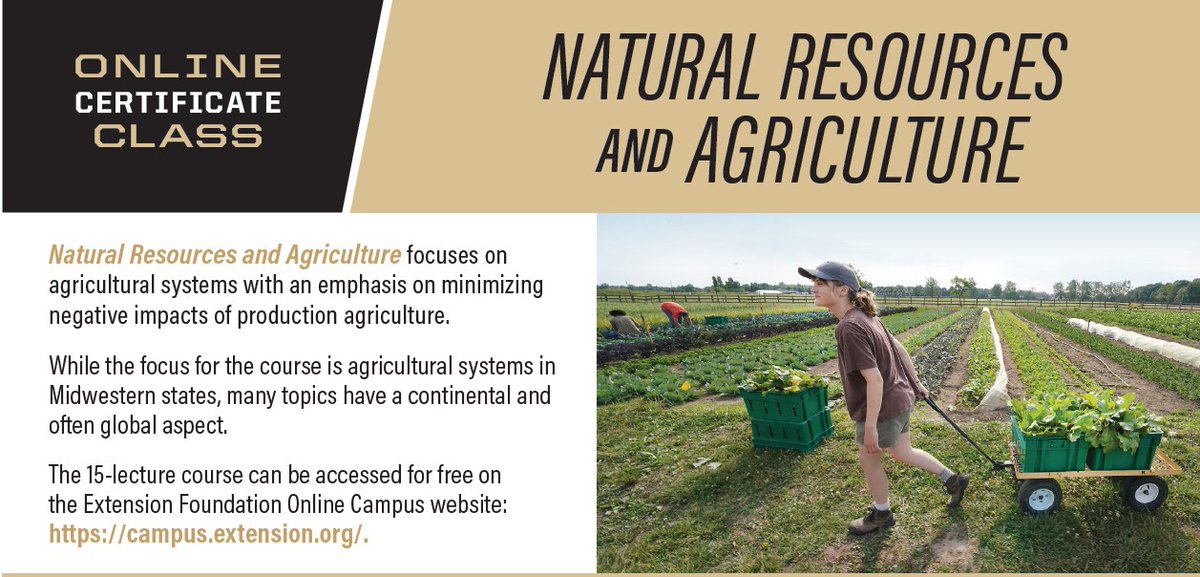 PurdueExtension's tweet image. Learn how to manage agricultural systems while protecting the environment with the free Natural Resources and Agriculture online certificate class! Offered through the @ExtFoundation, this 15-lecture course covers topics like drainage, manure management and conservation programs.…