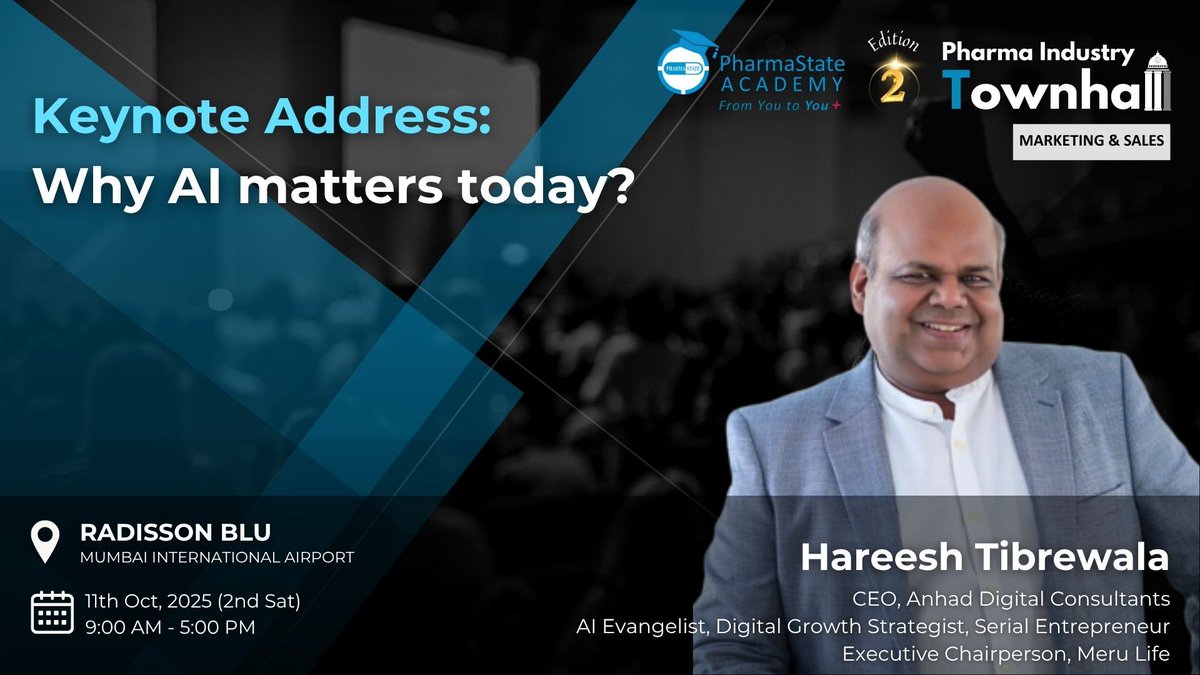 Delighted to give the Keynote Address at the Pharma Industry Townhall, organised by <a href="/pharmastate/">PharmaState.academy</a>  on "Why AI matters today", later this week.

Artificial Intelligence has evolved from being merely a tool or platform to becoming an integral part of every business and our daily