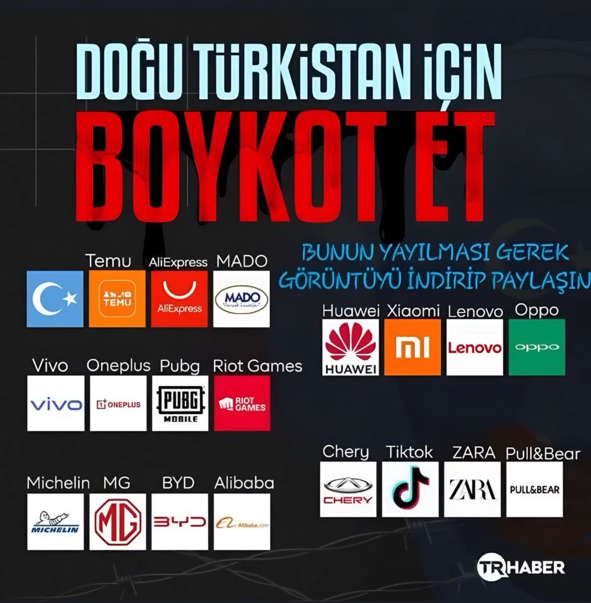 Uygur Türk’ü soydaşlarımıza yapılan soykırım nedeniyle, Çin malları için boykot listesi hazırlandı.