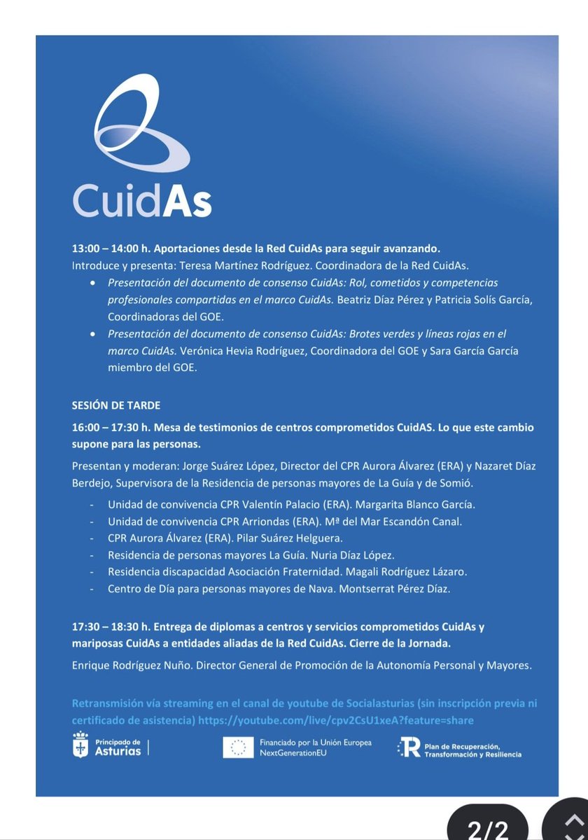 IV Jornada #CuidAs🦋 𝐴𝑣𝑎𝑛𝑧𝑎𝑛𝑑𝑜 𝑒𝑛 𝑙𝑎 𝑡𝑟𝑎𝑛𝑠𝑓𝑜𝑟𝑚𝑎𝑐𝑖𝑜́𝑛 𝑑𝑒𝑙 𝑐𝑢𝑖𝑑𝑎𝑑𝑜 𝑑𝑒 𝑙𝑎𝑟𝑔𝑎 𝑑𝑢𝑟𝑎𝑐𝑖𝑜́𝑛
🗓 28 de octubre Reflexionamos sobre el presente y futuro de los cuidados de larga duración.
📍Presencial + 📺Streaming
📝Inscripción libre 👇