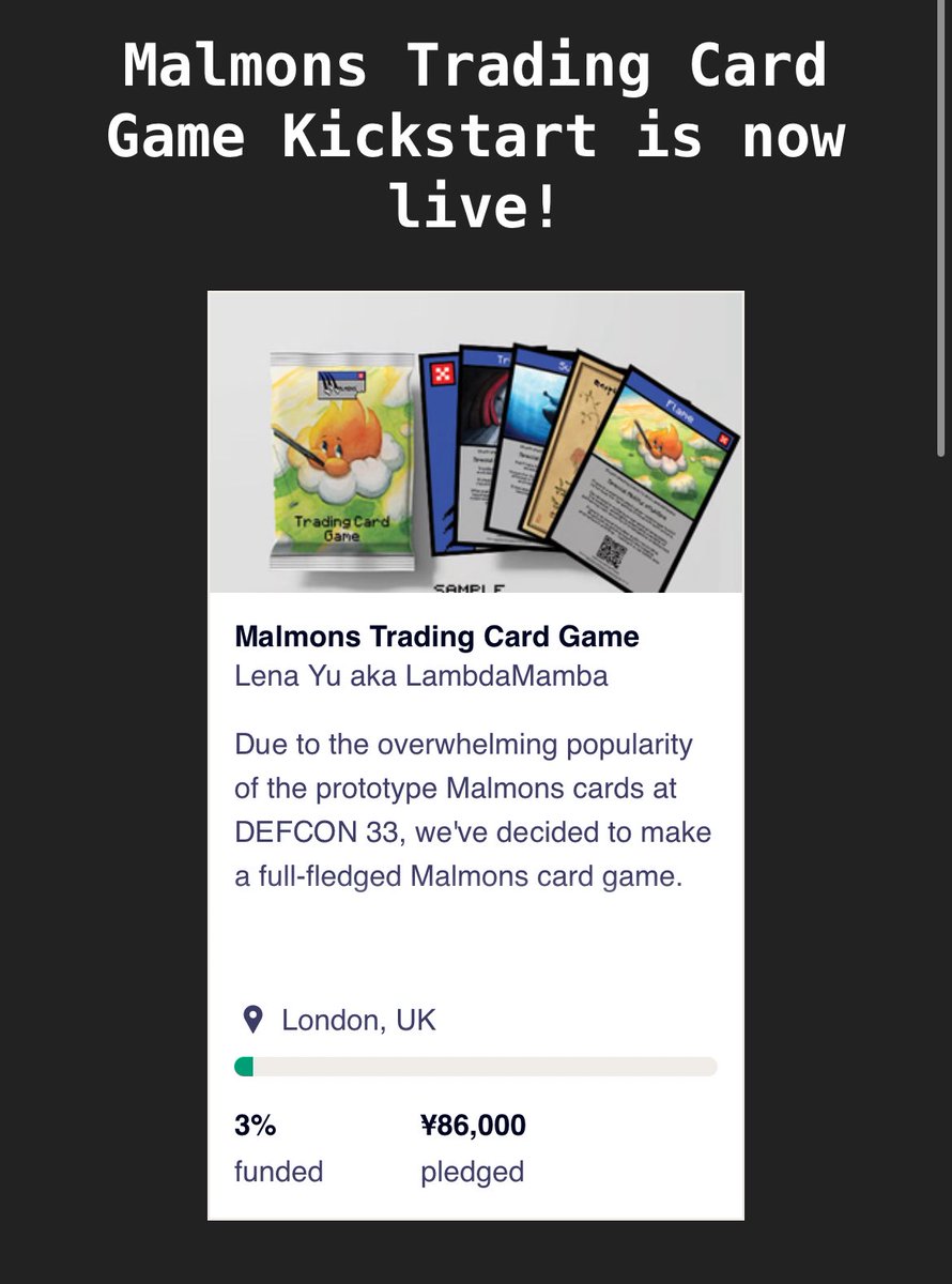 It’s been one hour since the Malmons Trading Card Game kickstarter launched. 🤓

We’ve raised 3% of the goal in just one hour! 🥳

Thank you all for your support, please do share this around so we can reach our goal before Nov 6 2025! 🤩

kickstarter.com/projects/lambd…