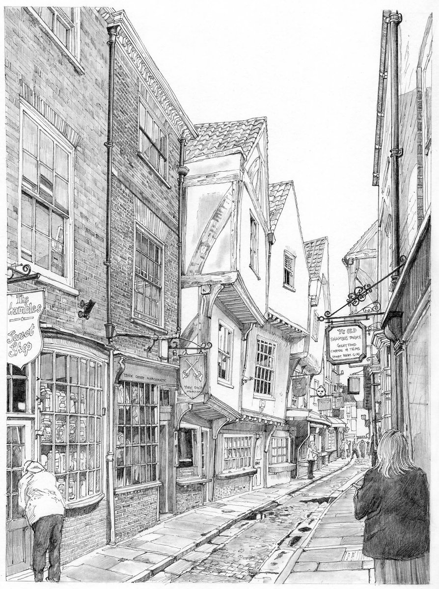 allantadams's tweet photo. Early morning in Shambles, York to celebrate the drawing's birthday. A fine pie shop can be found on the right, by the person with a black top, just about the last butcher type shop still there.
#ArchitecturalIllustration
#pencil #drawing
#ArtYear https://t.co/MeEZ7yc7VT