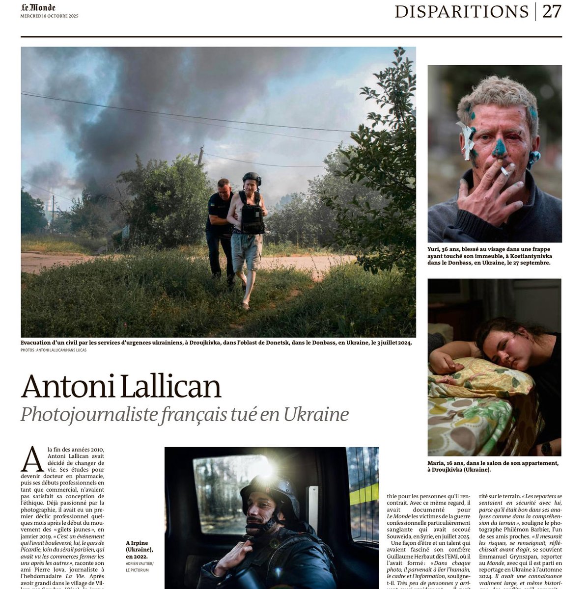 Oggi Le Monde ricorda, pubblicando anche le sue fotografie, il fotoreporter francese Antoni Lallican, ucciso in Ucraina.