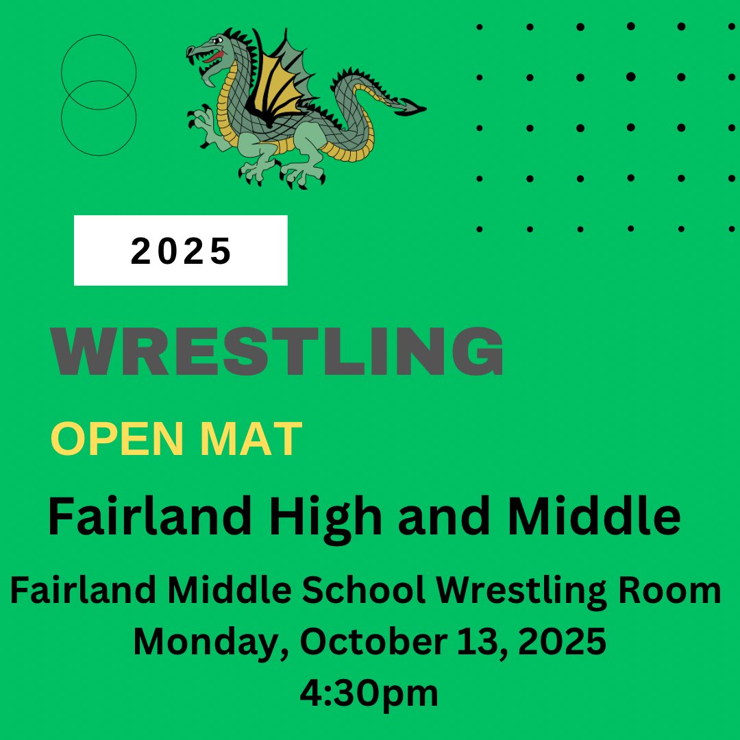 🤼‍♂️ Schedule Update: Due to a scheduling conflict, Open Mat will now be held on Monday, October 13th at 4:30pm in the Fairland Wrestling Room located at Fairland Middle School.
Come out and get ready for another great season of Fairland Wrestling! 💚🐉 #DragonPride