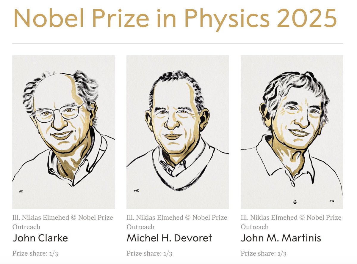 Today, the 2025 <a href="/NobelPrize/">The Nobel Prize</a> in Physics was awarded to John Clarke, Michel Devoret and John Martinis for their pioneering experiments that made it possible to observe and control quantum effects in electrical circuits made from macroscopic components.🧵
nobelprize.org/prizes/physics…