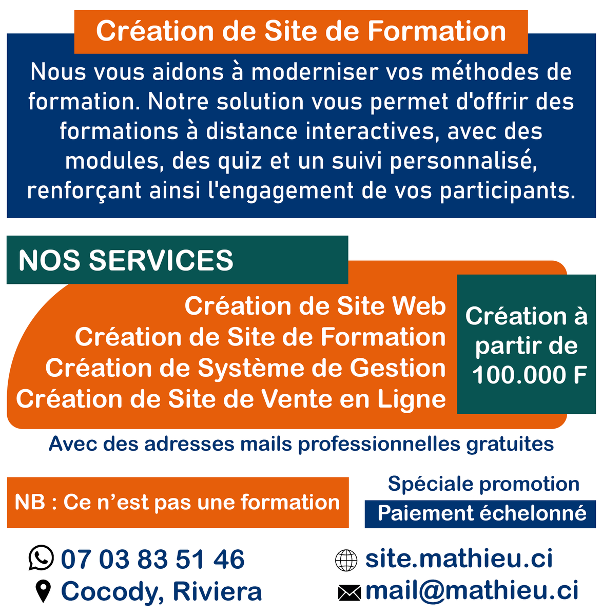 mathieu_hackerW's tweet image. Création de Site Web
Création de Site de Formation
Création de Système de Gestion
Création de Site de Vente en Ligne 
-----------------------------
📞 07 03 83 51 46 (WhatsApp)
------------------------------
🌐 site.mathieu.ci
📧 mail@mathieu.ci
📍 Abidjan, Cocody Riviera