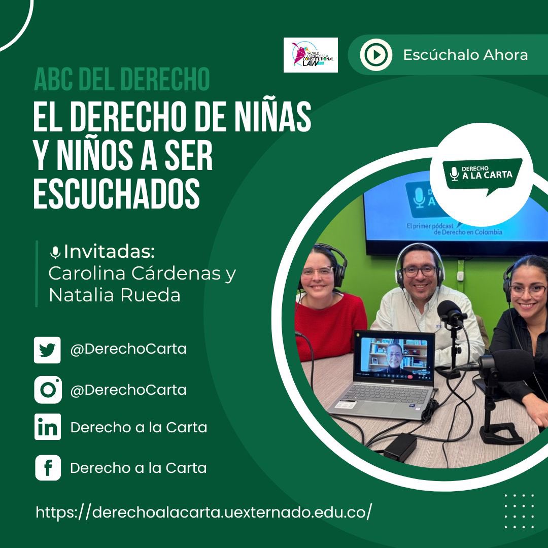 DerechoCarta's tweet photo. #NuevoPodcast📣| Las profesoras Carolina Cárdenas y Natalia Rueda comparten sus reflexiones sobre el derecho de las niñas y los niños a ser escuchados, así como los desafíos que plantea para autoridades administrativas, judiciales, padres y cuidadores.

https://t.co/mfO6sFmQGL https://t.co/Za7Am62xwX