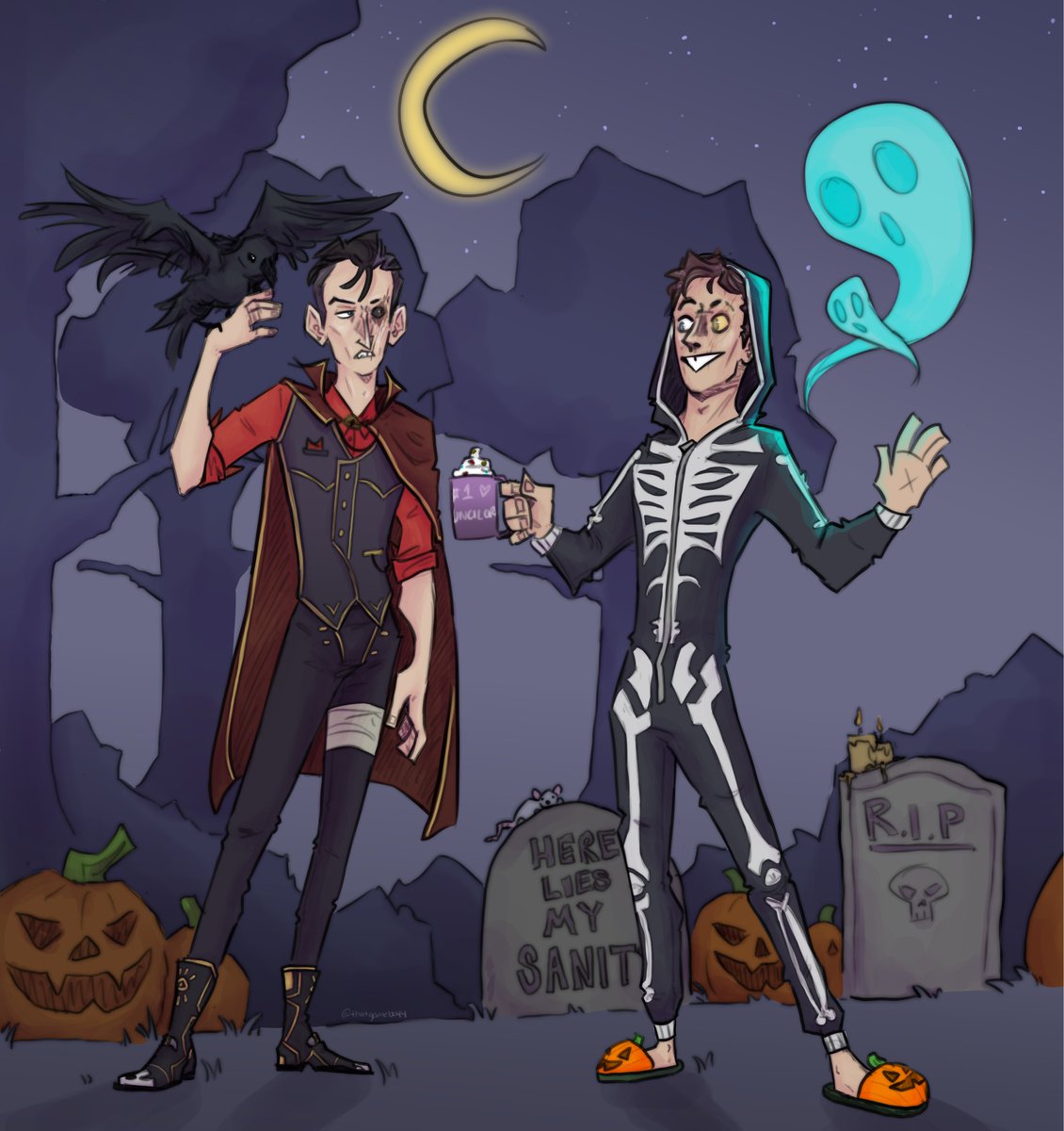 My first piece of the month for the #Cilcotwt server prompts! 🖤✨ Some good ole SilCil Halloween shenanigans 🎃👻 

Art for: <a href="/SilcoZaun/">Silco</a> and <a href="/CouncilorSilco/">Councilor Silco(Cilco)</a> 🥂