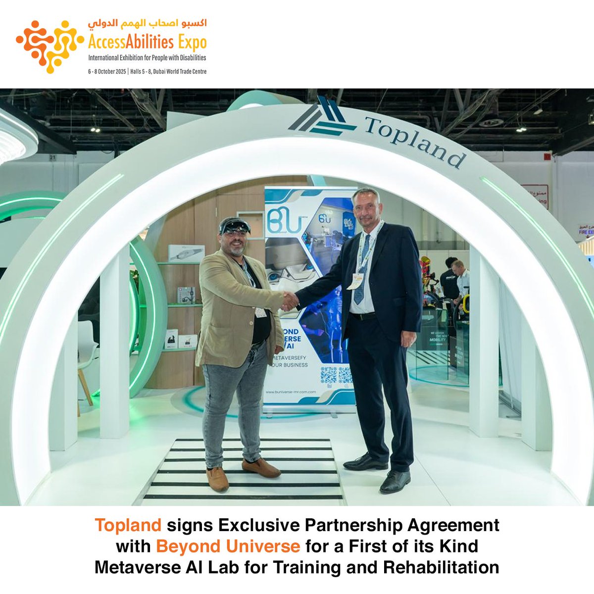 AAExpo_'s tweet photo. At the 7th edition of AccessAbilities Expo, Topland has signed an exclusive partnership agreement with Beyond Universe for a first of its kind Metaverse AI Lab for People of Determination.

#AAE2025 #AAE7thEdition #AccessAbilitiesExpo #Topland #BeyondUniverse #Metaverse https://t.co/eaepczydcv