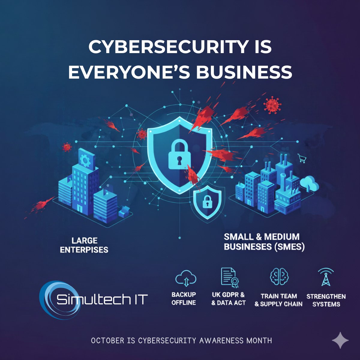 simultechit's tweet photo. October is Cybersecurity Awareness Month.

Attacks on big brands like Jaguar Land Rover &amp; M&amp;S ripple through supply chains and hit small suppliers too.

612k UK businesses have been targeted. SMEs: you’re on the front line.

#CyberSecurityMonth #SMEs https://t.co/8G0wmVG2bK