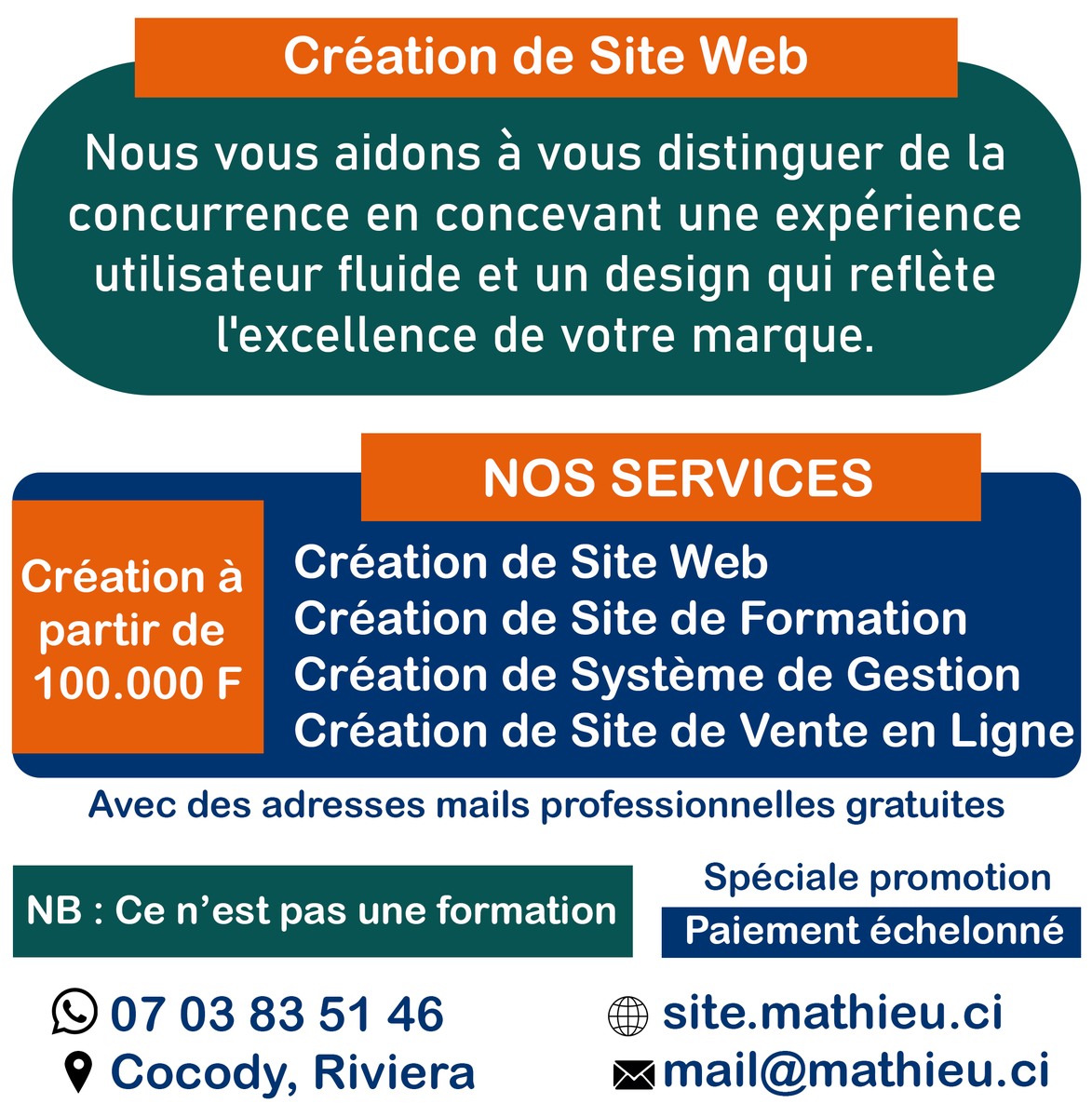 mathieu_hackerW's tweet image. Création de Site Web
Création de Site de Formation
Création de Système de Gestion
Création de Site de Vente en Ligne 
----------------------------
📞 07 03 83 51 46 (WhatsApp)
----------------------------
🌐 site.mathieu.ci
📧 mail@mathieu.ci
📍 Abidjan, Cocody Riviera