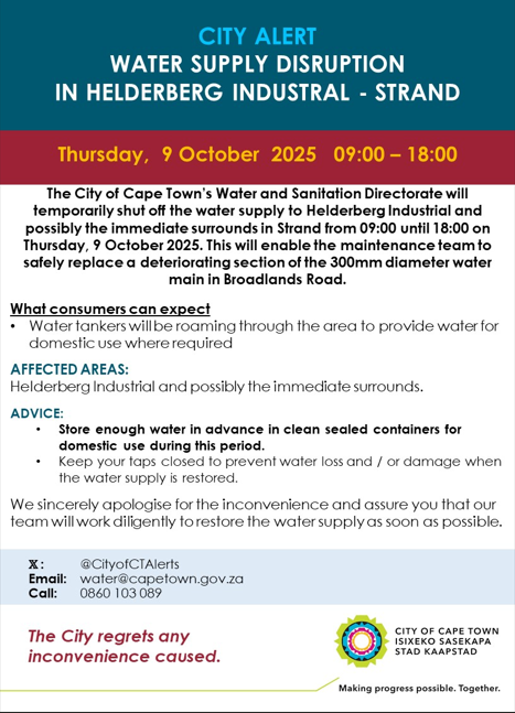 Water Supply Disruption in Helderberg Industrial-Strand