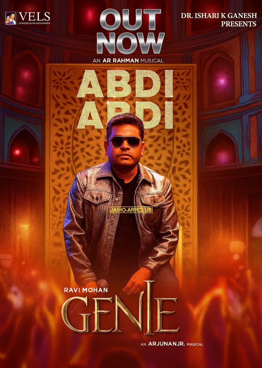 JaiHoARRClub's tweet photo. Here comes the #Genie first single #AbdiAbdi by @arrahman 

Starring #RaviMohan #Krithishetty &amp; #KalyaniPriyadarshan

@VelsFilmIntl 

Watch the song here on YouTube : https://t.co/7KsCeCFqmp https://t.co/AMlC4AY1pm