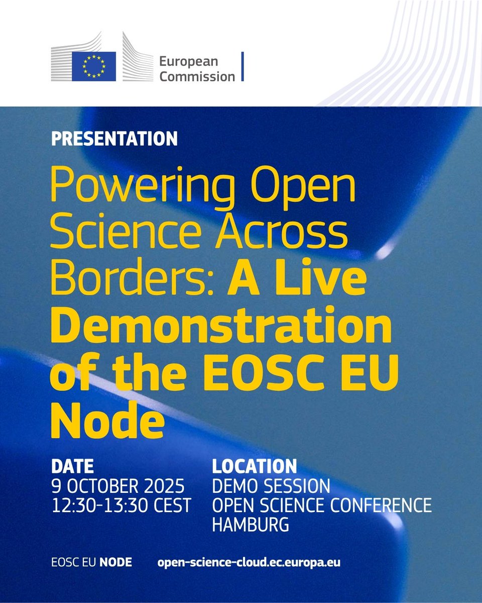 OpenAIRE_eu's tweet image. Join a live demo of the #EOSCEUNode at the Open Science Conference! See how it powers cross-border #OpenScience with FAIR data, compute tools &amp;amp; AI services.

🗓️ 9 Oct, 12:30 CEST
📍 Corridor in front of &quot;Galeria&quot;

More details go.egi.eu/UQseC

#EOSC #OSC2025