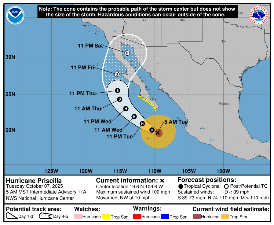 envivo_Mx's tweet photo. #Enterate El Huracán #Priscilla 🌀 ya es categoría 2, con vientos de 155 km/h.

🔹Se ubica a 370 km al sur de la Península de Baja California. 

🟨Zona de advertencia, por efectos de tormenta tropical: desde Cabo San Lucas, hasta Cabo San Lázaro, BCS

Vía @SkyAlertStorm https://t.co/5QlG8hXlqw