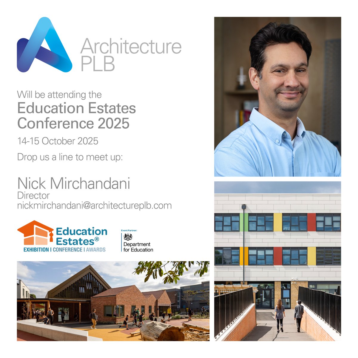 ArchitecturePLB's tweet image. @ArchitecturePLB Director Nick Mirchandani will attend #EducationEstates2025, 14-15 Oct at Manchester Central. Let’s connect to discuss how can we contribute to delivering exceptional learning environments.
Connect with Nick: nickmirchandani@architectureplb.com
#SchoolDesign