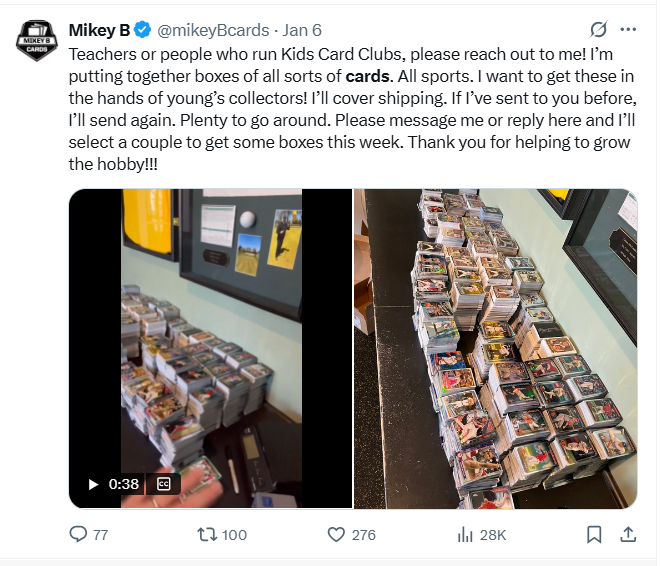 mikeyBcards's tweet photo. I genuinely want to get these cards in the hands of Kids Clubs and schools and the X algorithm isn't helping much. My same post from January, compared to yesterday's. So, hey if you've gotten a box in the past or if you'd like one please reach out. Spread the word and reply to the original post if possible!

https://t.co/VrAN6I36Q9