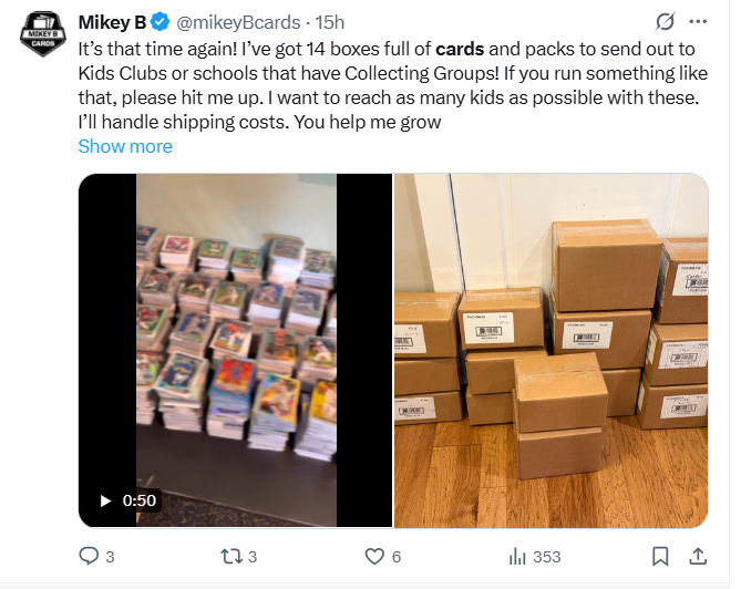 mikeyBcards's tweet photo. I genuinely want to get these cards in the hands of Kids Clubs and schools and the X algorithm isn't helping much. My same post from January, compared to yesterday's. So, hey if you've gotten a box in the past or if you'd like one please reach out. Spread the word and reply to the original post if possible!

https://t.co/VrAN6I36Q9