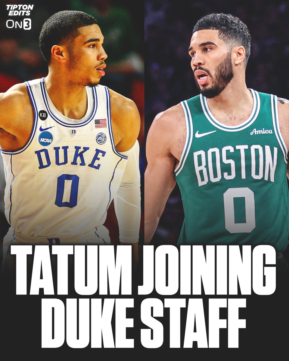 TiptonEdits's tweet image. Jayson Tatum is joining Duke’s staff as their ‘Chief Basketball Officer’, the school announced.
Tatum, a 6x NBA All-Star, will mentor Duke players, offer guidance on career management, advise coach Scheyer on roster construction, and more.