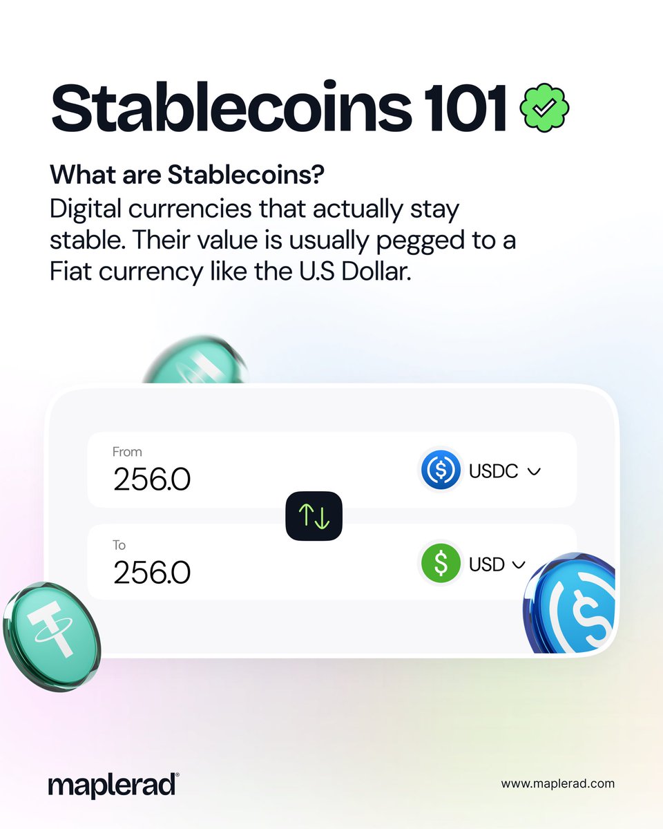 Unlike Bitcoin’s wild rides, stablecoins are pegged to real currencies like the U.S. Dollar, meaning your money stays steady and globally accessible. 🌍

Think of it as digital cash that works anywhere, anytime. Simple. Stable. Borderless.

Learn more → maplerad.com