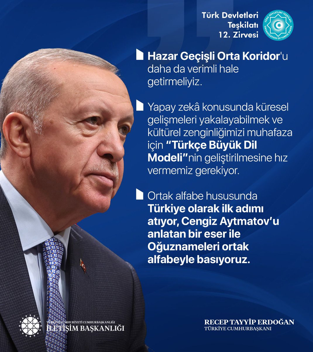 Cumhurbaşkanımız Recep Tayyip Erdoğan:

"Ortak alfabe hususunda Türkiye olarak ilk adımı atıyor, Cengiz Aytmatov’u anlatan bir eser ile Oğuznameleri ortak alfabeyle basıyoruz."

📍 Türk Devletleri Teşkilatı 12. Zirvesi