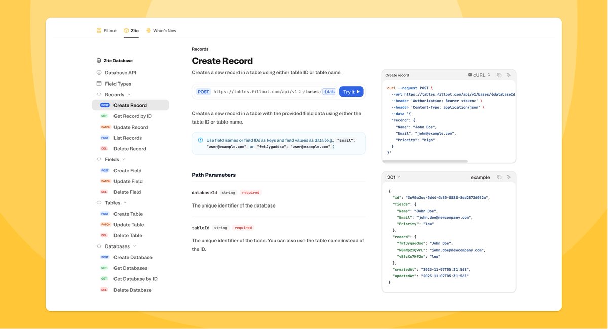 New in Zite: Databases API

Anything we can do in ZiteDB, you can now do via API.

✏️ List, insert, update and delete records
🗂️ Create and manage databases
📑 Add and update tables and fields

Plus 50 requests/second + interactive docs to easily test any endpoint