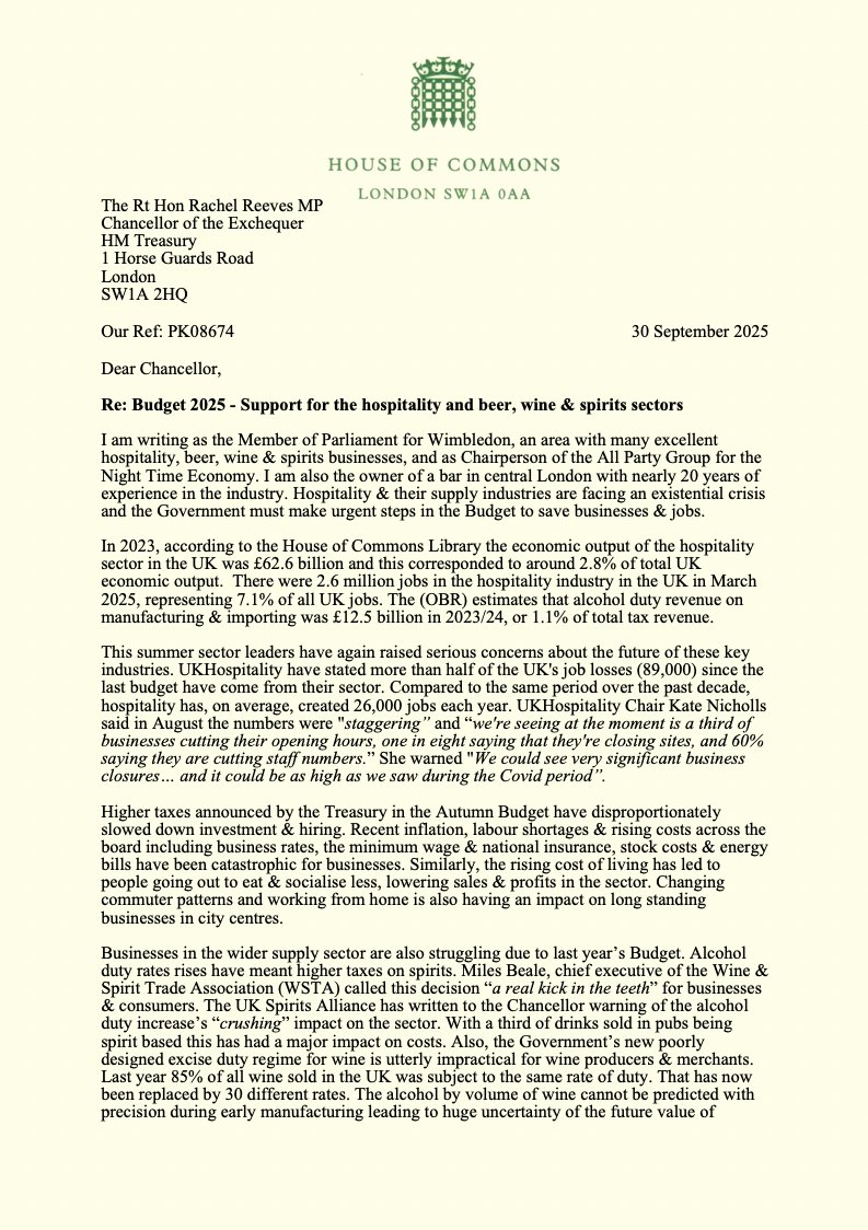 PaulKohlerSW19's tweet image. I wrote to @RachelReevesMP asking for urgent support in the Budget for pubs, bars &amp;amp; their suppliers.

As MP for Wimbledon, Chair of the Night Time Economy APPG, &amp;amp; nearly 20 years running my own bar, I know how vital the hospitality industry is for communities, jobs &amp;amp; businesses.