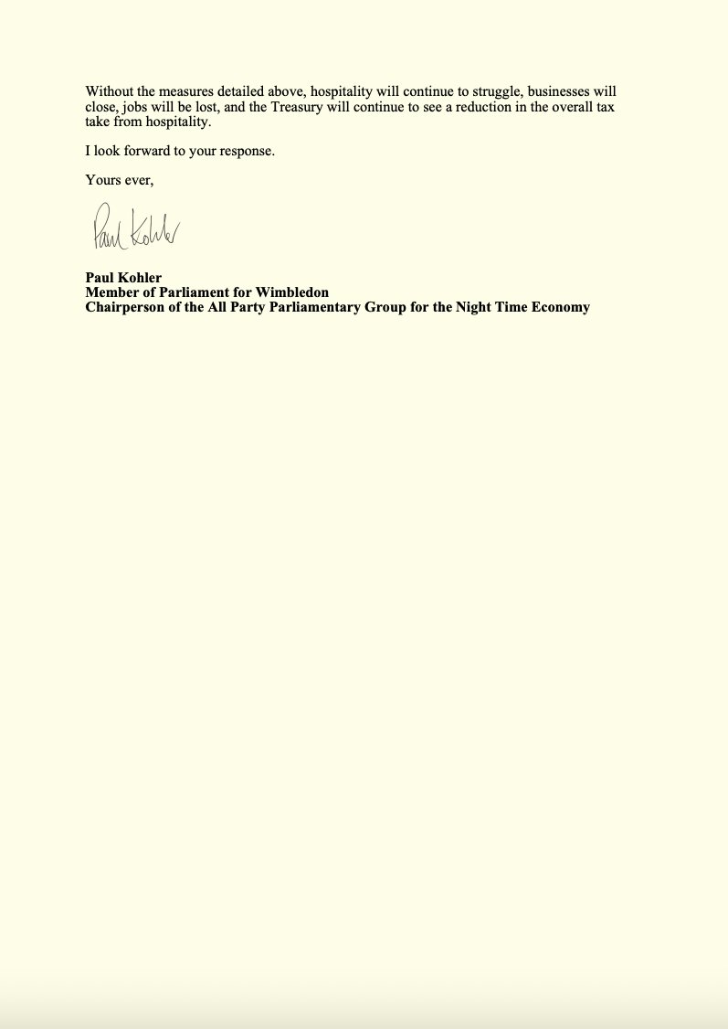 PaulKohlerSW19's tweet image. I wrote to @RachelReevesMP asking for urgent support in the Budget for pubs, bars &amp;amp; their suppliers.

As MP for Wimbledon, Chair of the Night Time Economy APPG, &amp;amp; nearly 20 years running my own bar, I know how vital the hospitality industry is for communities, jobs &amp;amp; businesses.