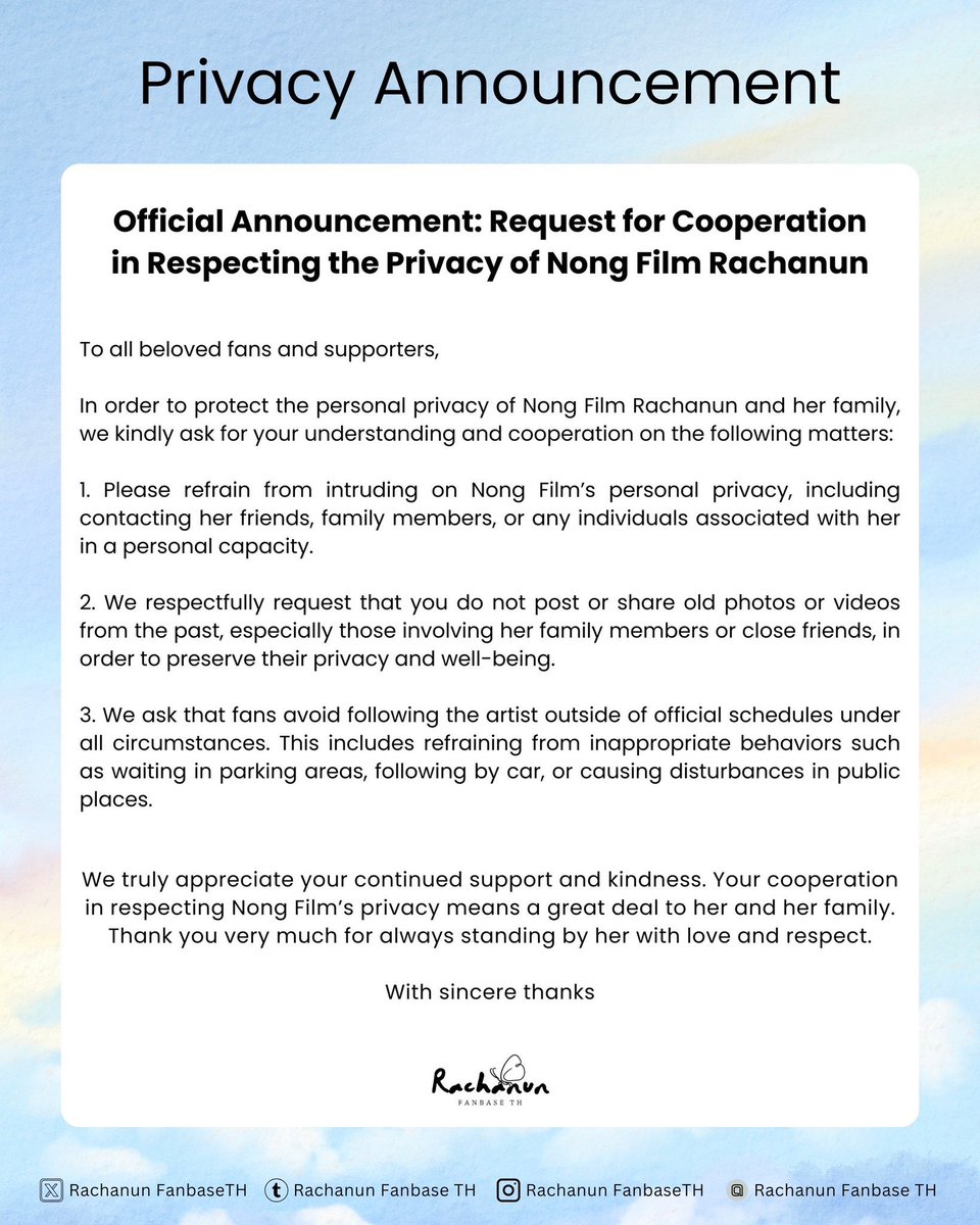 RachanunFanbase's tweet photo. 📢 ขอความร่วมมือเรื่องความเป็นส่วนตัวของ น้องฟิล์ม รชานันท์ นะคะ // Request for Cooperation in Respecting the Privacy of Nong Film Rachanun

To all beloved fans and supporters,❤️‍🩹

#filmracha #filmrachanun 
#ฟิล์มรชานันท์ #fujifilmracha https://t.co/1HwX7FQ8dF