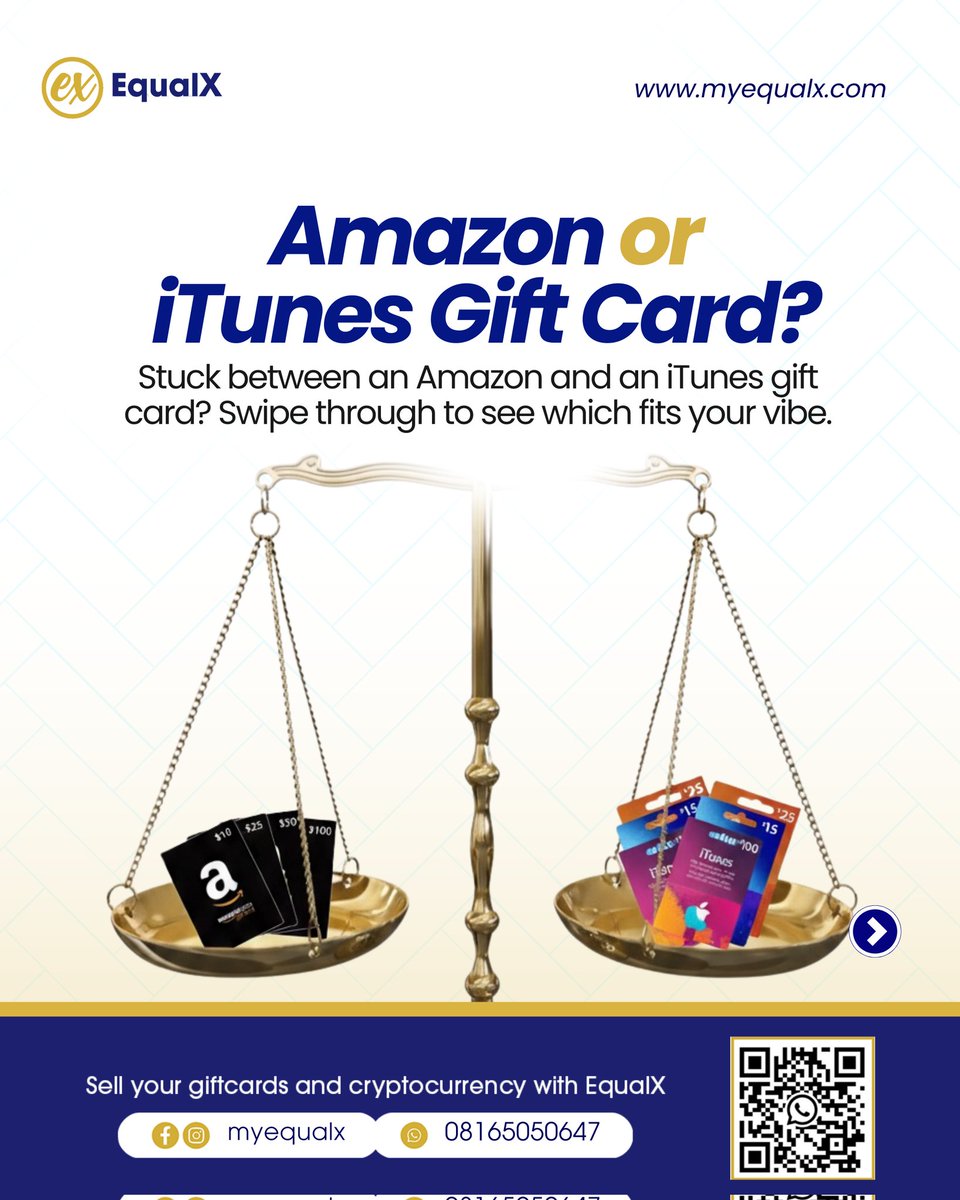 Myequalxng's tweet image. Amazon or iTunes gift card? One unlocks shopping freedom, the other unlocks endless entertainment. Tell us your pick in the comment section.
#AmazonGiftCard #iTuneGiftCard #GiftSmart #EqualXTrading