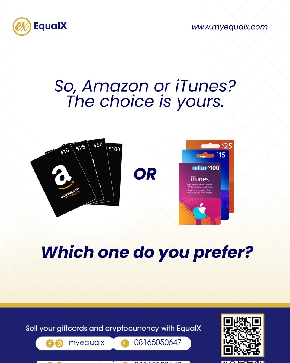 Myequalxng's tweet image. Amazon or iTunes gift card? One unlocks shopping freedom, the other unlocks endless entertainment. Tell us your pick in the comment section.
#AmazonGiftCard #iTuneGiftCard #GiftSmart #EqualXTrading